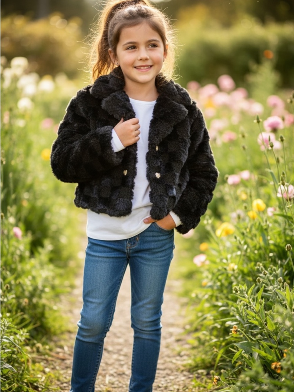 Girls' Plush Faux Fur Jacket - Black